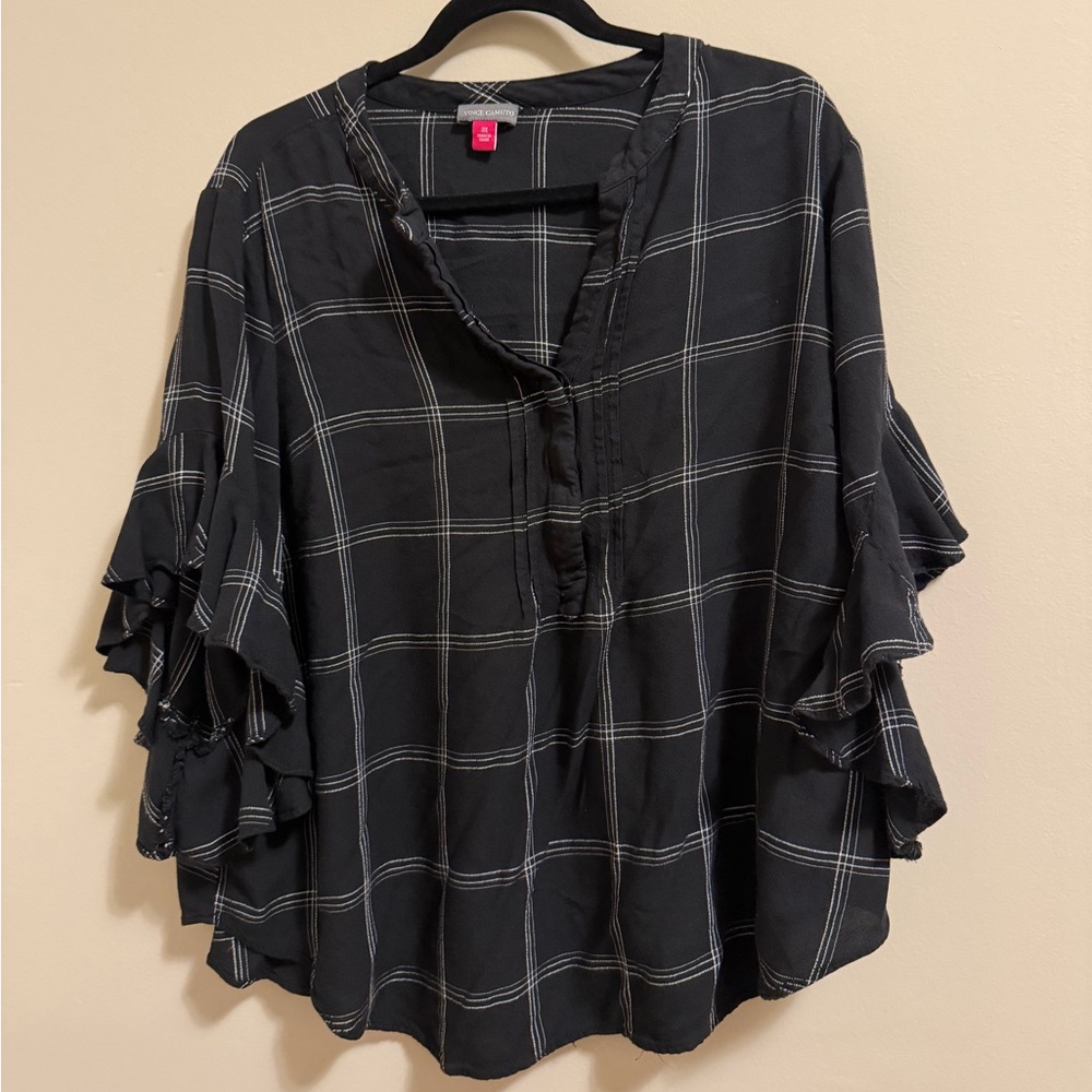 Vince Camuto Plaid Ruffle Sleeve Top